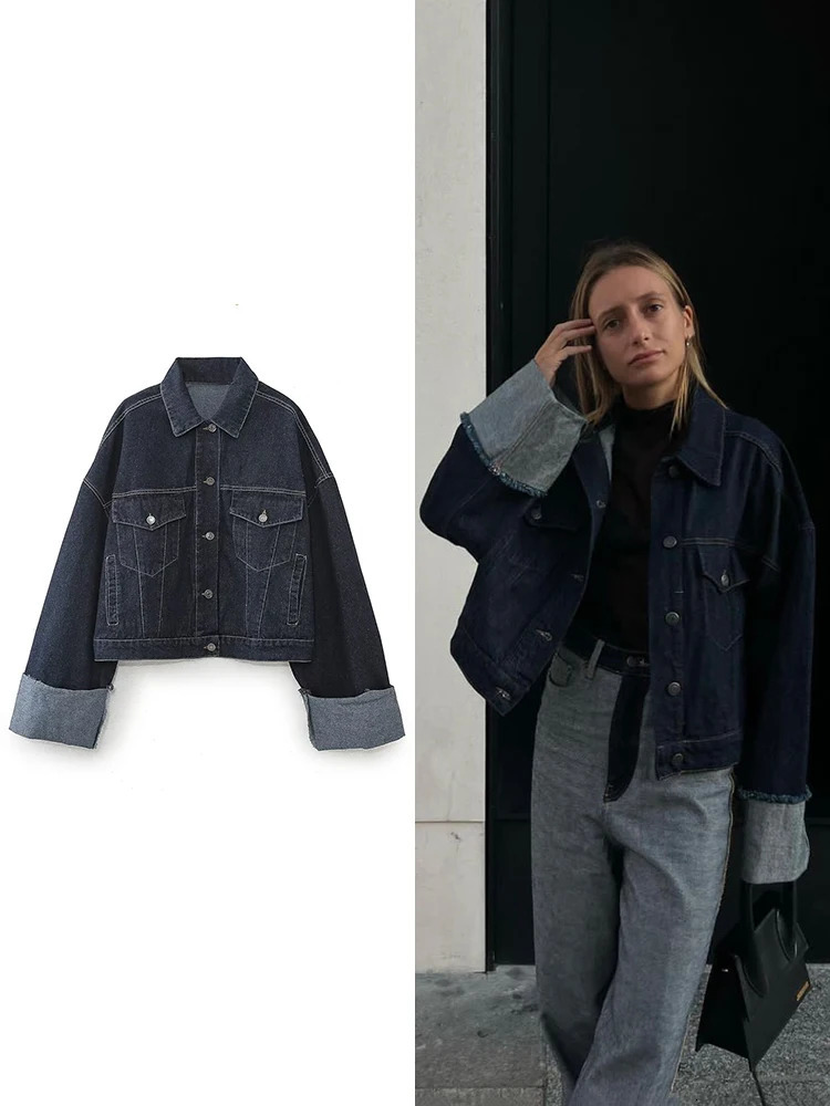 TRAF womens fashion single-breasted lapel denim jacket retro style pockets decorated with rolled cuffs short jacket 240809