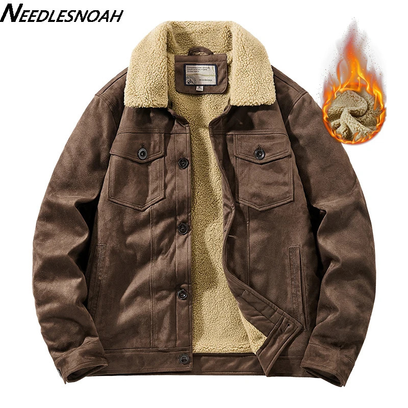 NEEDLESNOAH Autumn Winter Men Warm Pilot Jackets Fleece Suede Thick Coats Male Single Breasted Classic Parkas Fahion Windbreaker 240809