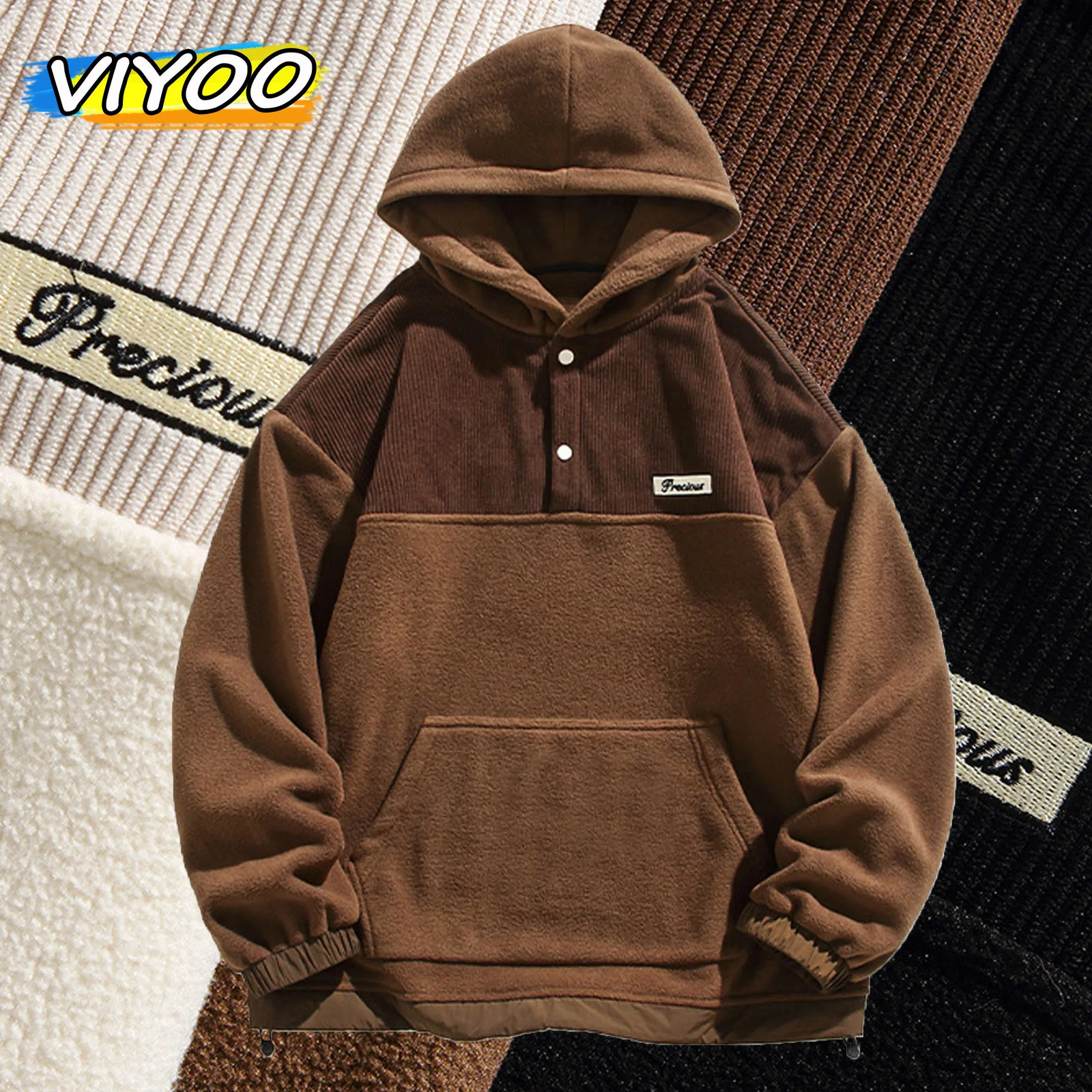 Mens Y2K winter jacket brown hooded sweatshirt couple patch loose sportswear outerwear Korean autumn mens clothing 240808