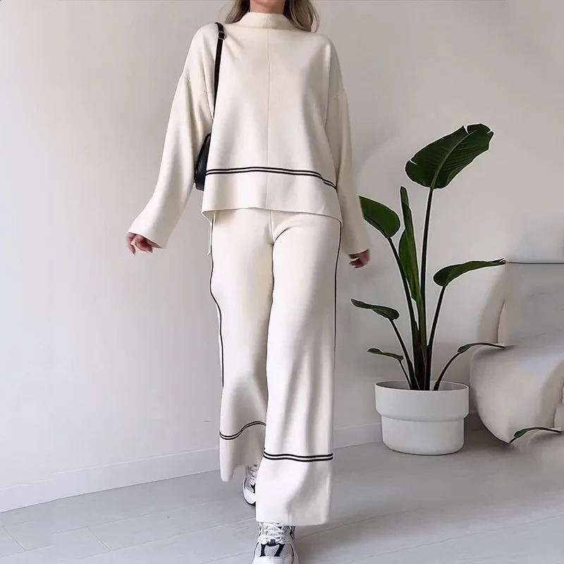 Ensemble en trinage pour femmes, demi-col haut pantalon solide décontracté, deux pièces 240809