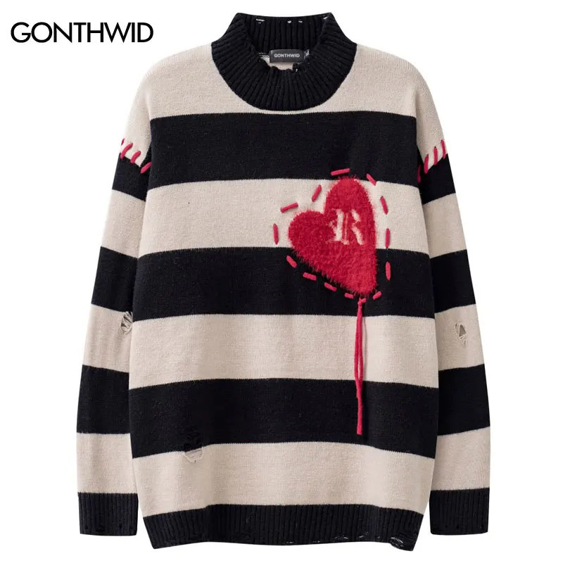 Mens torn sweater streetwear Harajuku knitted heart-shaped sweater black striped hole jumper hip-hop fashion loose pullover sweater240808