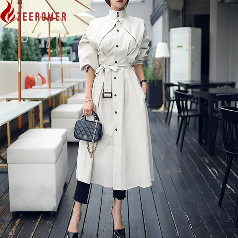 Korean Chic Skirt Long Women Trench Coat Runway Fashion Spring Single Breasted Windbreaker Casual Stand Collar Outerwear 240809