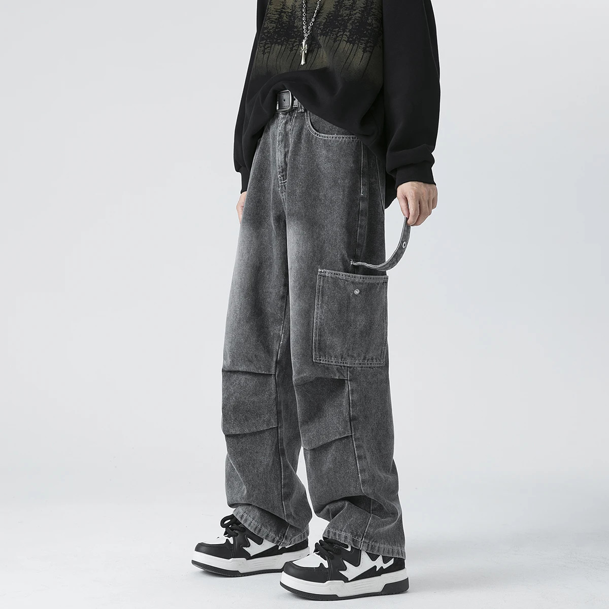 Pantalon à jambes larges de printemps en denim à jambes amples de cargaison Baggy High Street Y2K Pantalons de streetwear vintage multi-poche 240