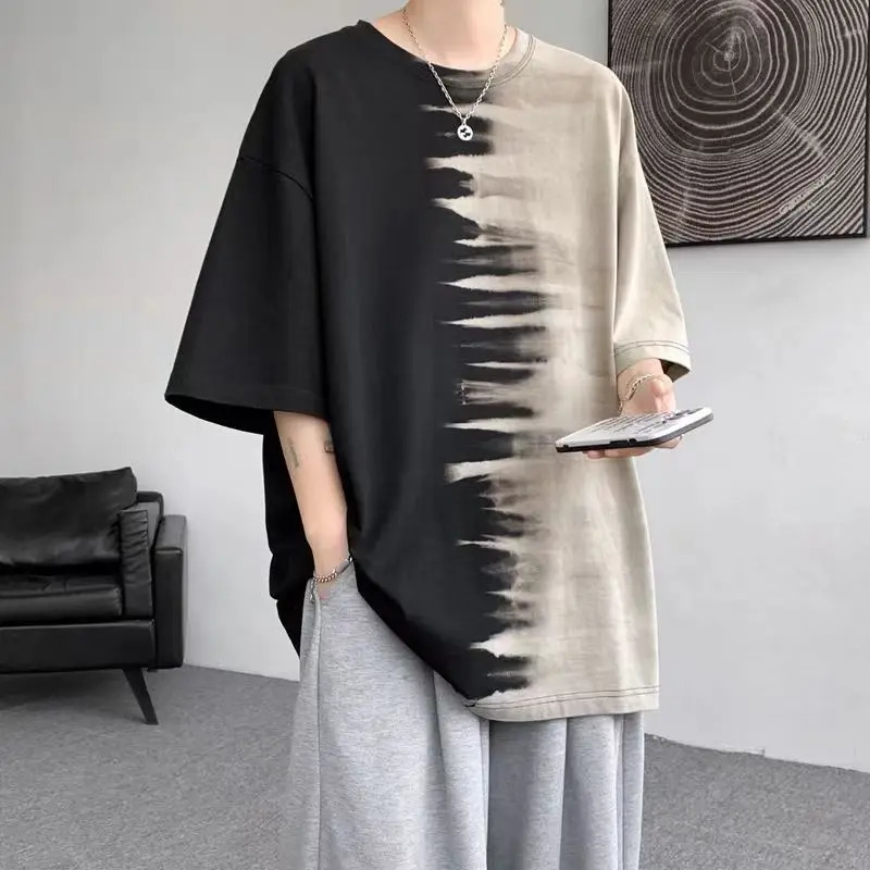 Mens black patch work Techwear fashion retro tie dye short sleeved T-shirt summer mens hip-hop oversized product T-shirt240808
