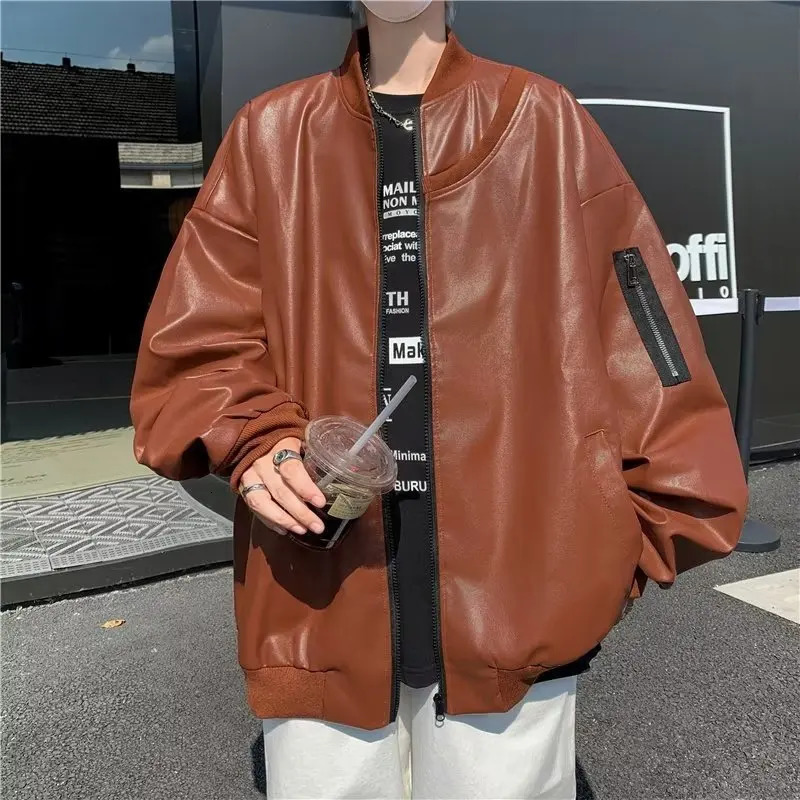 American mens PU jacket patch work street pilot motorcycle suit hip-hop trend loose oversized Ruffian handsome top of the line spring and autumn2