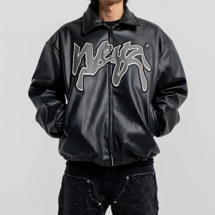 mens and womens hiphop letter pattern casual jacket leather Y2k Harajuku fashion PU long sleeved zipper streetwear 240808