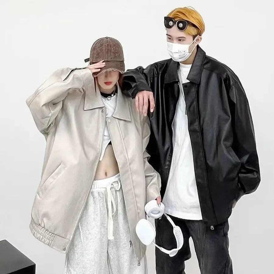 Autumn Pu Leather Solid Color Hip Hop Jacket American Style Retro Motorcycle Mens Style Jacket240808