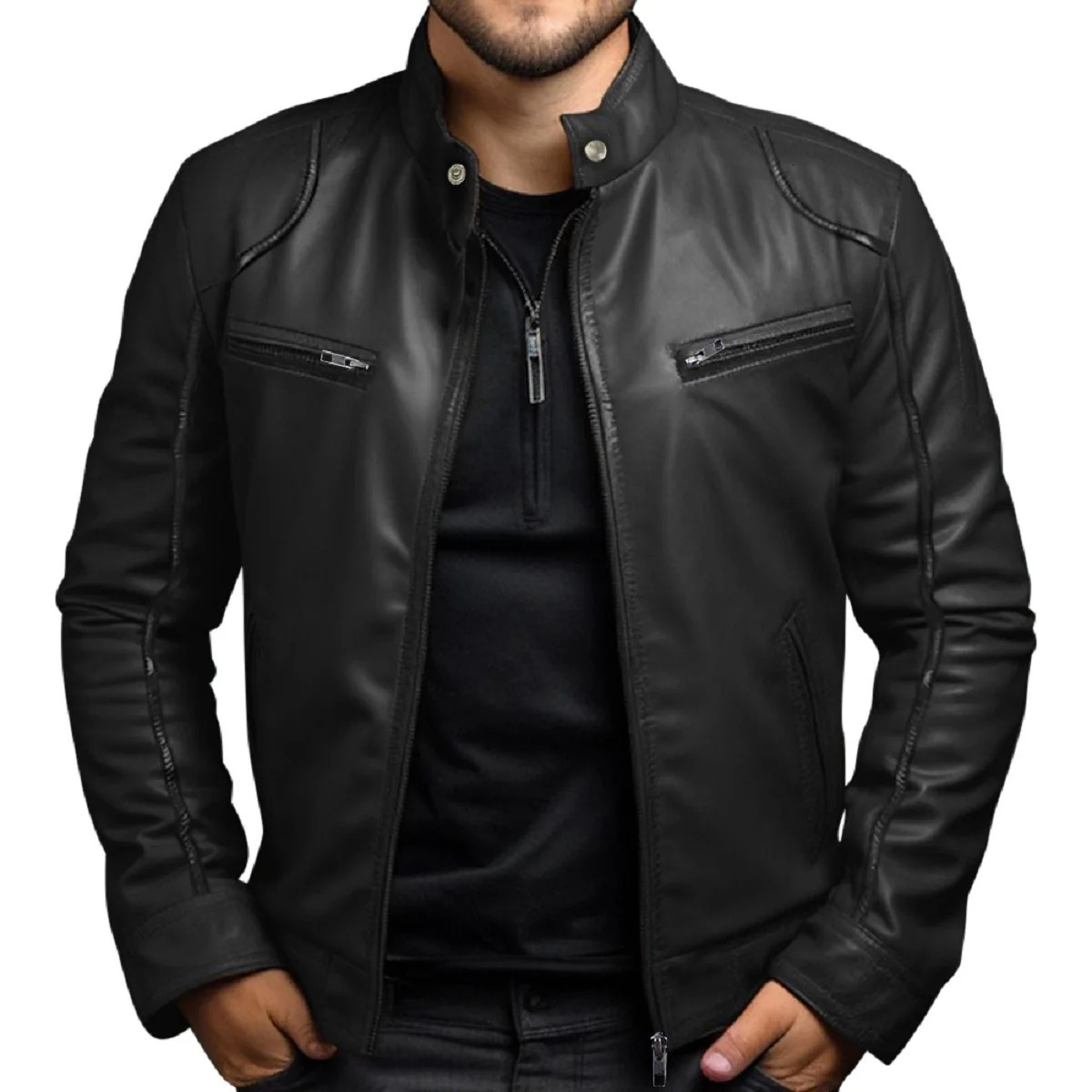 Mens bicycle leather jacket stand up punk leather jacket240808