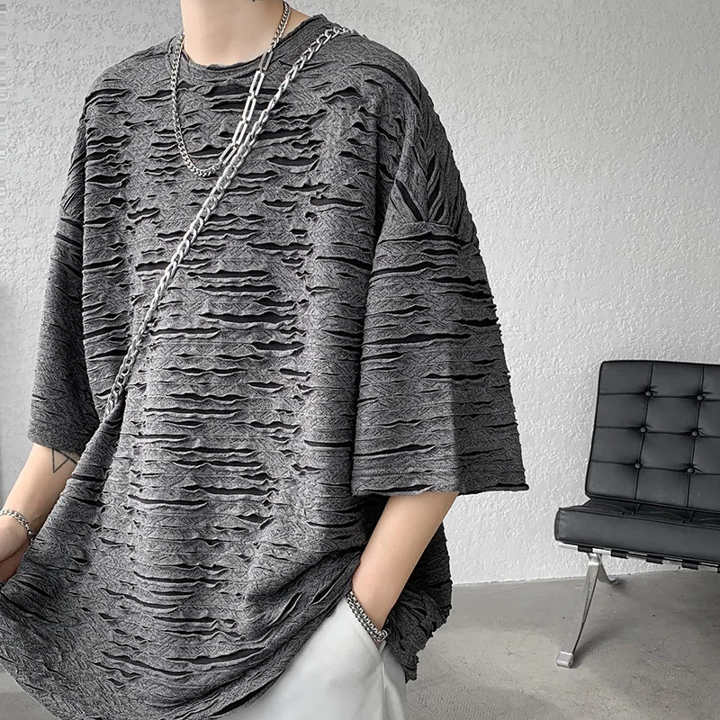 Summer fashion hole T-shirt mens short sleeved O-neck loose casual solid color T-shirt mens clothing240808