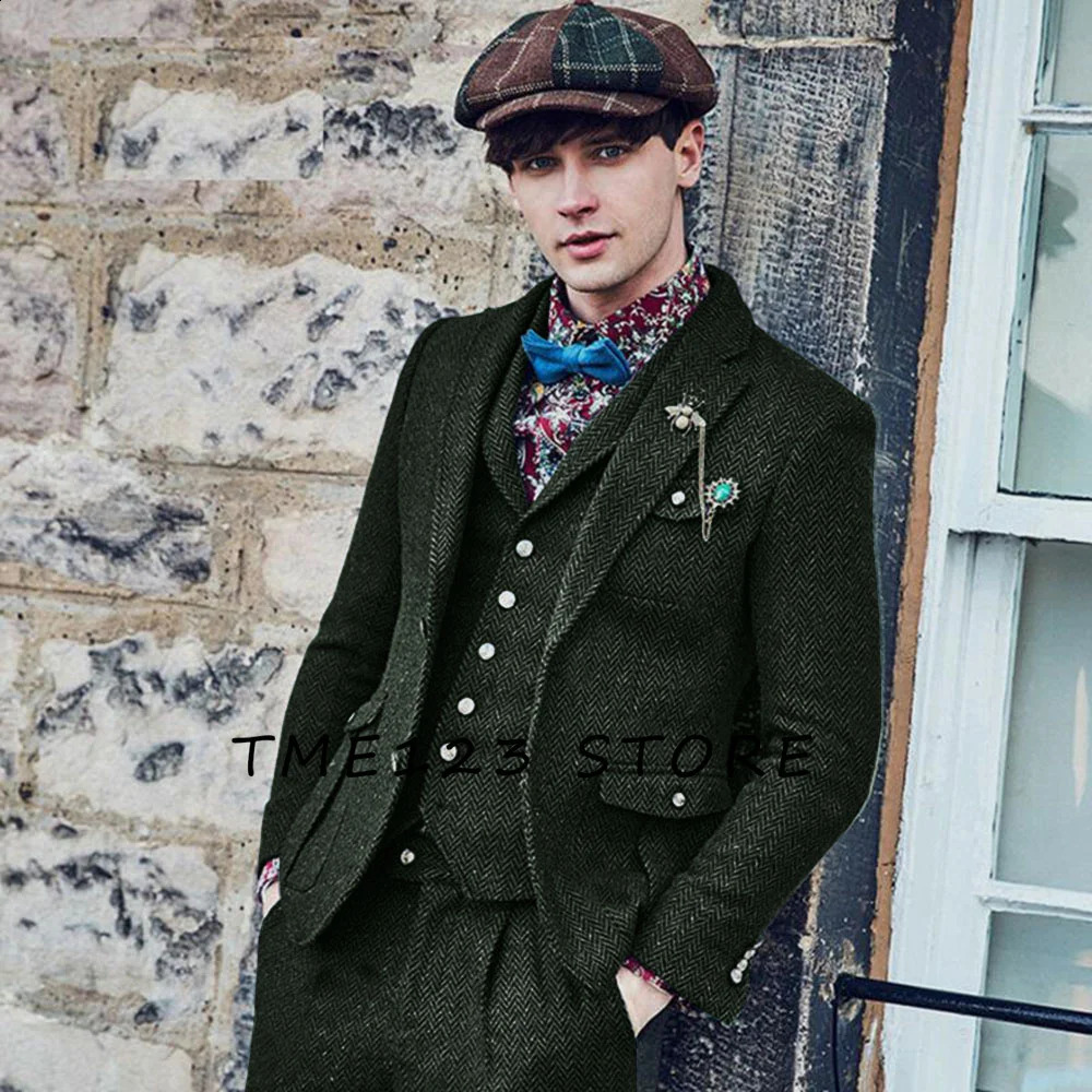 Herringbone Retro Herringbone Set Laine 3 pièces Double bouton Robe et veste de soirée décontractée britannique 240809