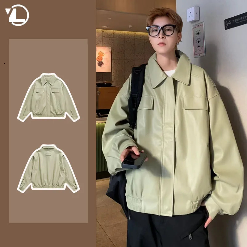 American motorcycle PU leather jacket mens 2024 streetwear hip-hop trend jacket spring multi pocket lapel jacket240808
