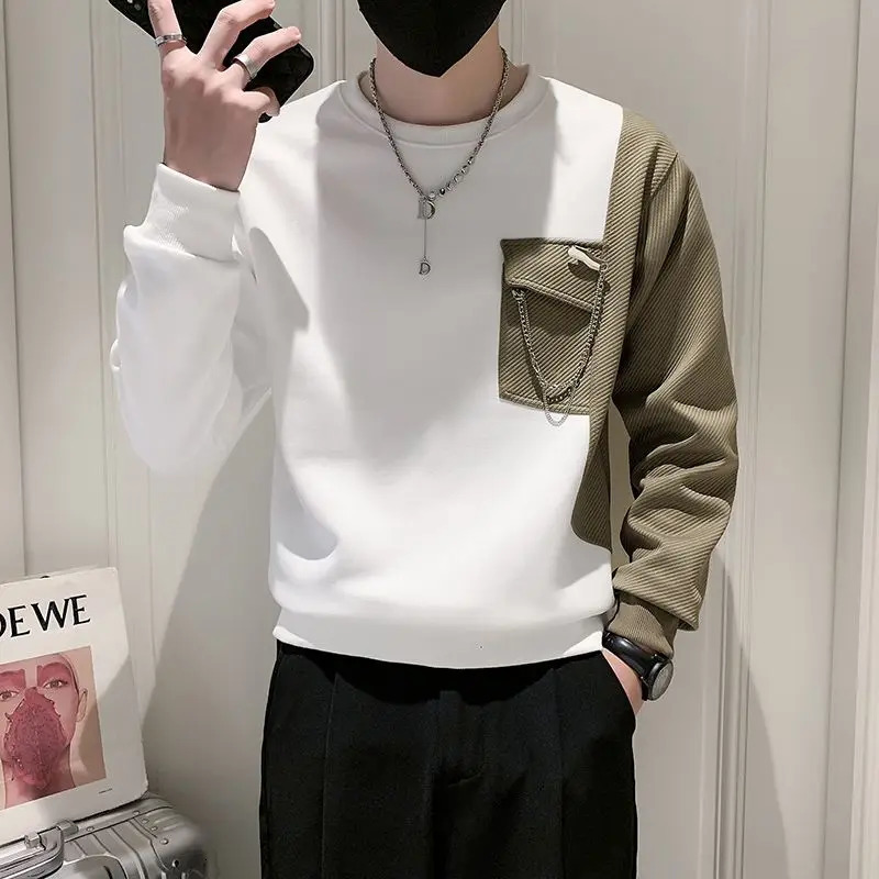 Spring and summer fashion round neck long sleeved mens clothing hoodie contrasting color pocket flower Korean pilgrimage Y2K top 240808