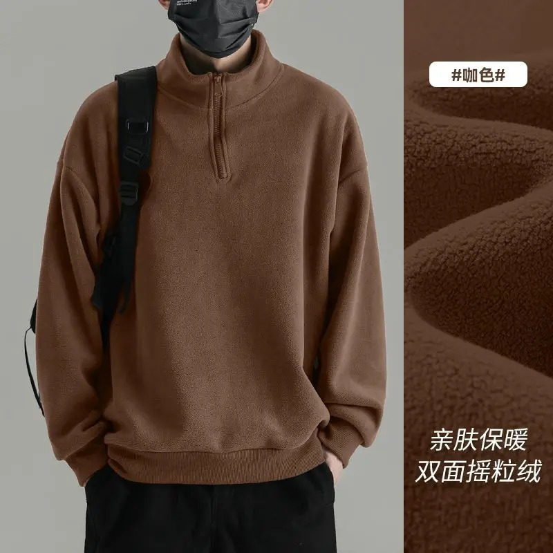 Mens sports shirt doublesided polar wool warm half zipper turtle neck casual running Korean style hooded sweatshirt 240808