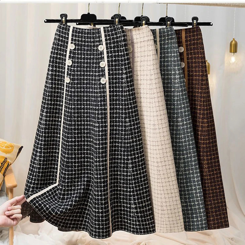 Plaid button knitted skirt women autumn and winter fashion high waist mid-length large swing a-line skirt midi Elegance 240813