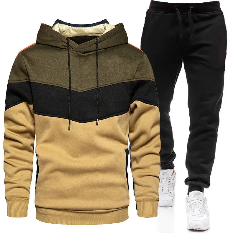 Mens sportswear fashionable and casual autumn winter wool splicing hooded sweatshirtsweatpants twopiece set 240809
