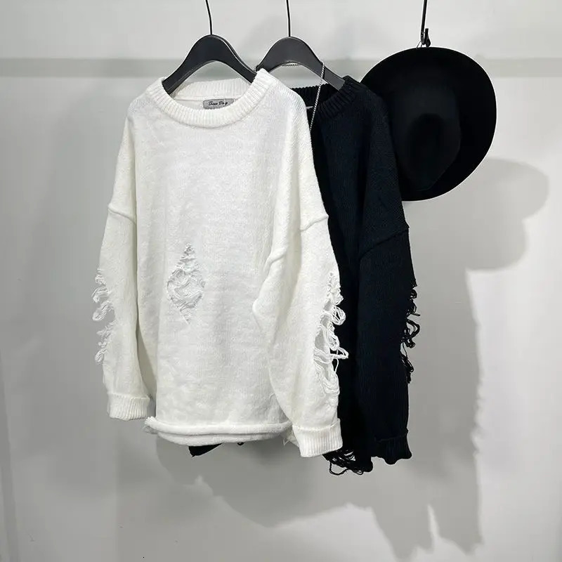 Unisex hole knitted hip-hop warm autumn fashion long sleeved mens shirt oversized streetwear retro couple womens top240808