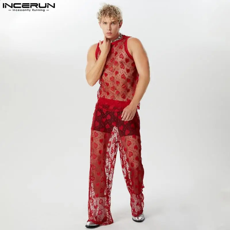 INCERUN Mens Mesh Transparent Printing Oneck Sleeveless Tank Top and Pants 2PCS Street Clothing 2024 Sexy Fashion S5XL 240809