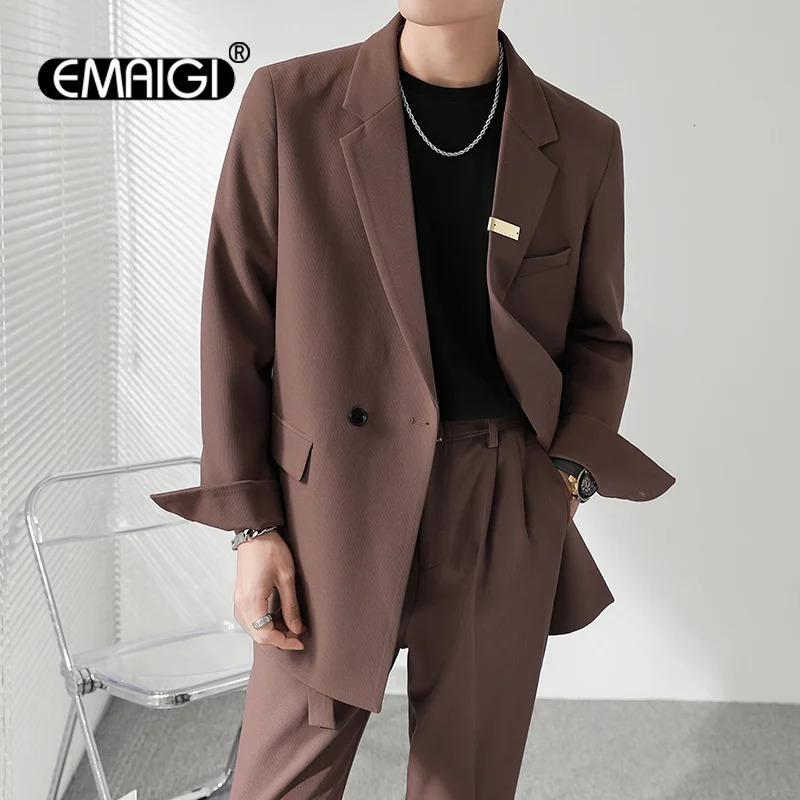 Double breasted Pioneer Mens Streetwear Retro Leisure Korean Fashion Office Dress Set Jacket Coat Wedding 240808