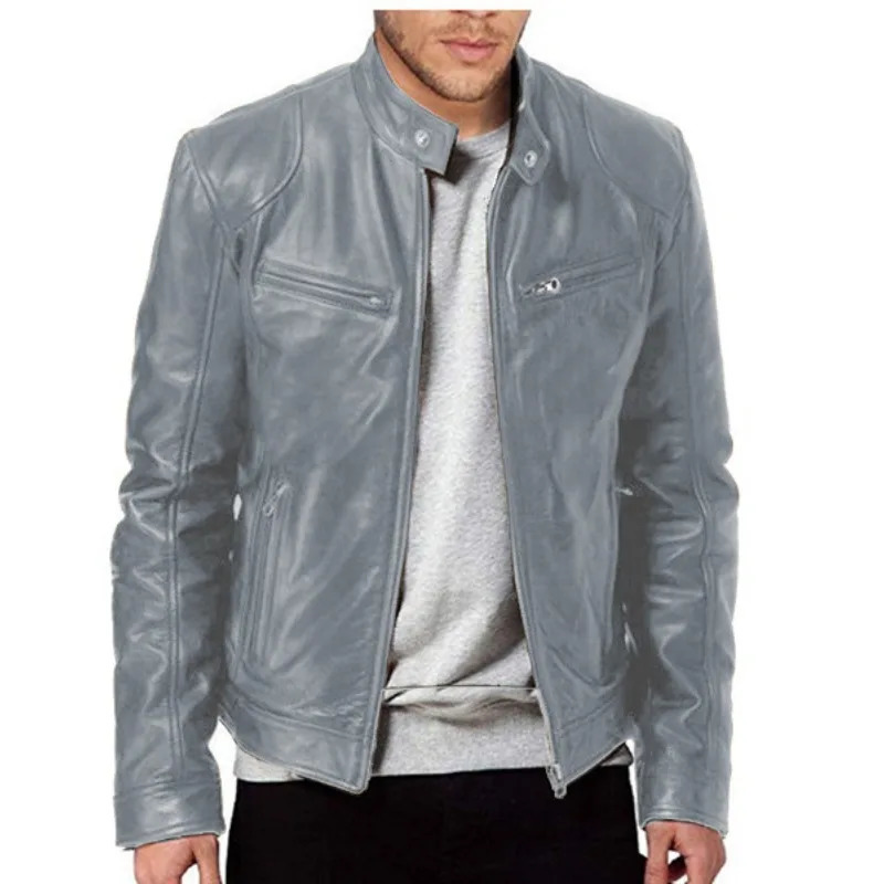 Fashionable mens standing collar leather jacket with motorcycle style mens punk style leather jacket with motorcycle elements240808