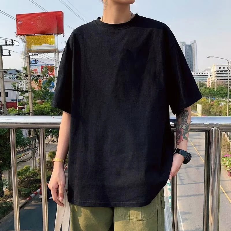 M8XL oversized mens shirt basic plain weave tee loose round neck casual top fat plus size clothing 240808