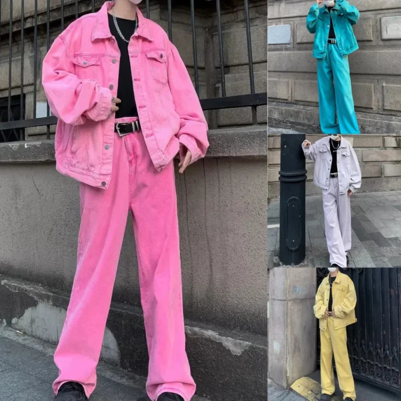 Y2K Mens Fashion Denim Jacket and Jeans Set Solid Street Coat Wide Leg Straight Pants Fashionable Harajuku Couple Clothing 240808