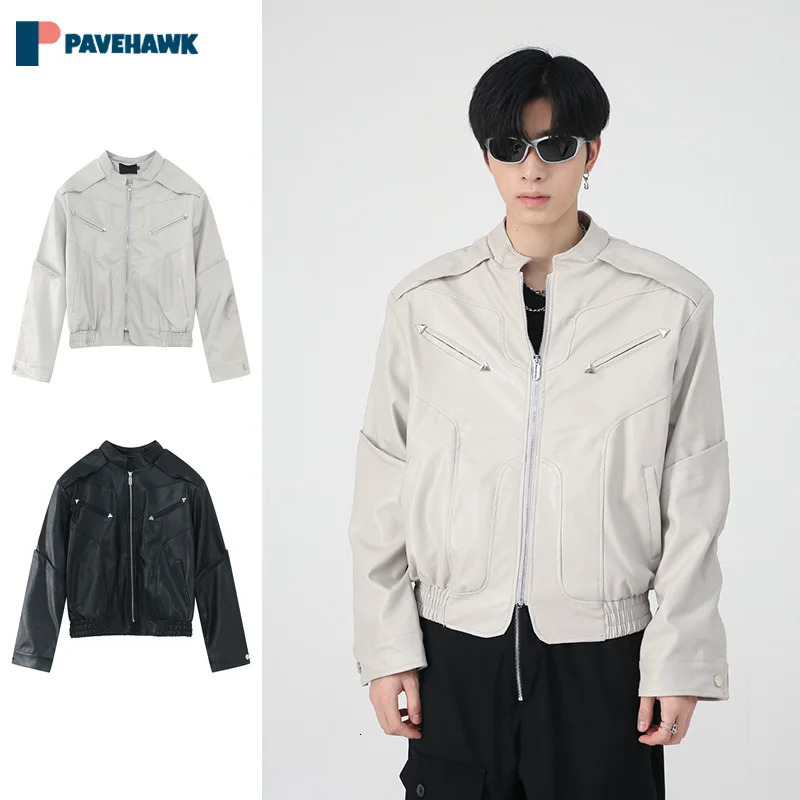 Motorcycle jacket mens autumn street leather pilot jacket unisex zipper stand up collar short hip-hop bomber windproof240808