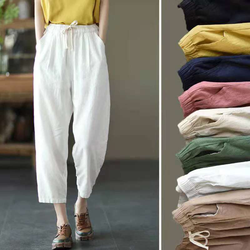 Solid color cotton linen womens retro loose streetwear harem mens casual high waisted drawstring pants 240808