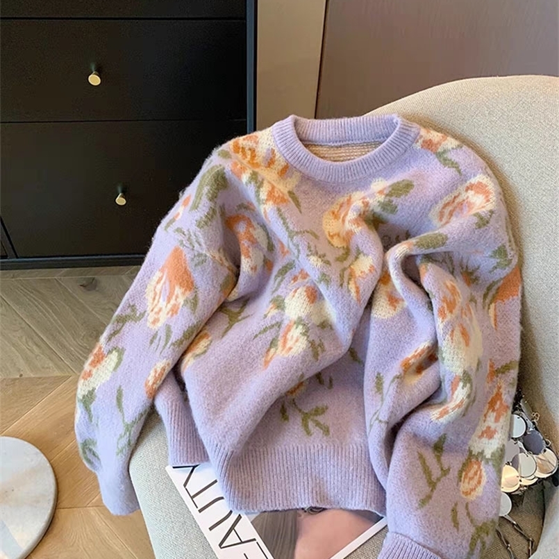 Harajuku Bohemian Knitted Pullovers Women Long Sleeve Autumn Winter Floral Print Sweater Baggy Korean Purple Oversized Tops 240808