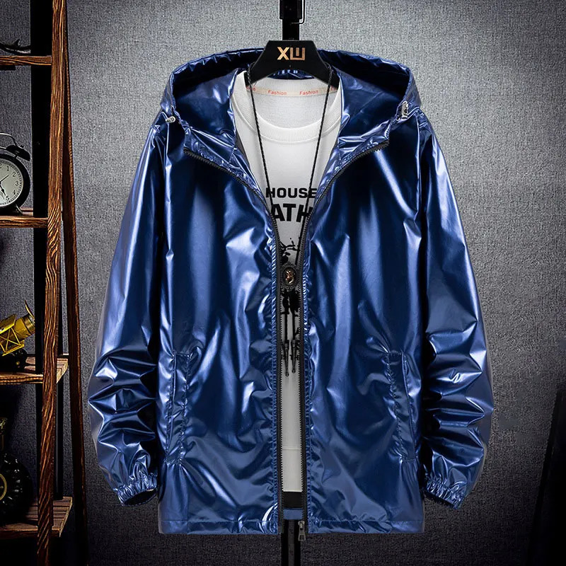 Men Shiny Jacket Shiny Silver Bright Hooded Zipper Bomber Jacket Autumn Thin Harajuku Windbreaker Waterproof Coats 240809
