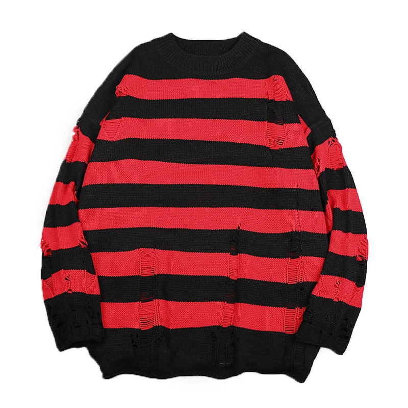 Striped sweater mens eyelets knitted jumper womens oversized zipper staff neck Harajuku sportswear autumn fashion hip-hop streetwear240808