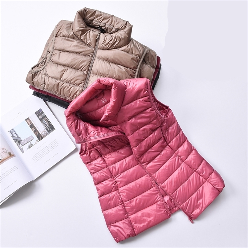 Women 90% White Duck Down Vest Womens Ultra Light Duck Down Vest Jacket Autumn Winter High collar Sleeveless Coat 240808CJ