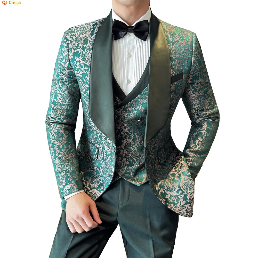 Green Jacquard Mens 3Piece Set Wedding Party Dress Jacket with Tank Top and Wear Fashionable Ultra Thin Red Beige Black Blue 240809