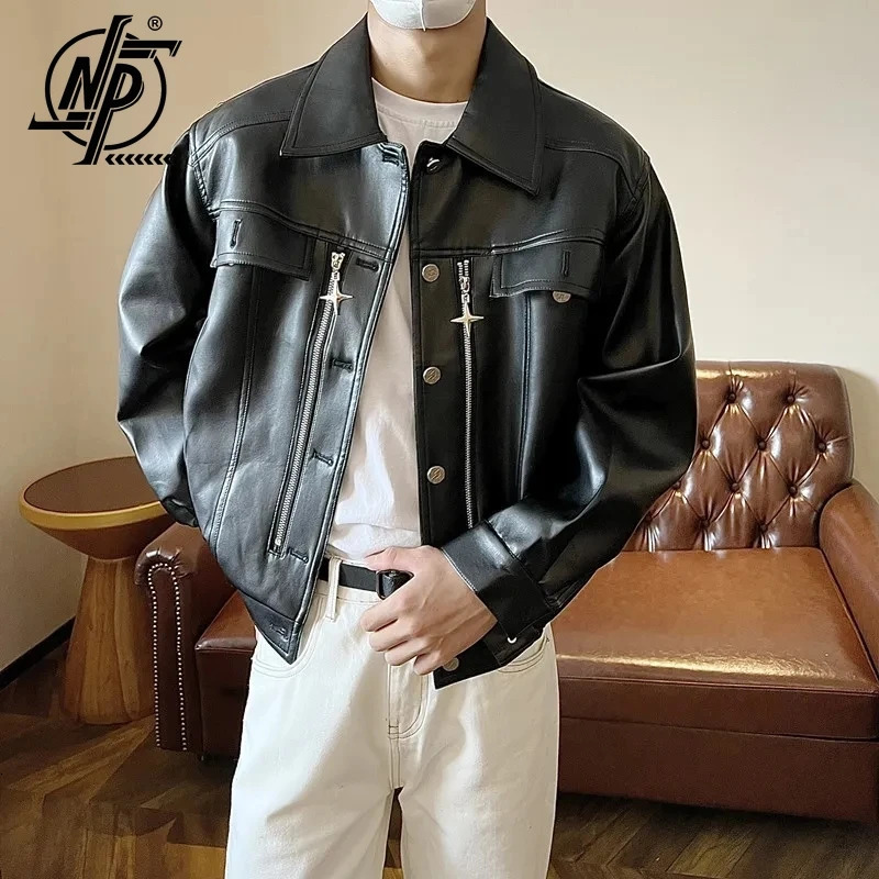 Streetwear Black PU Jacket Mens Star Zipper Retro Bomber Jacket Collar Casual Jacket Mens 240808