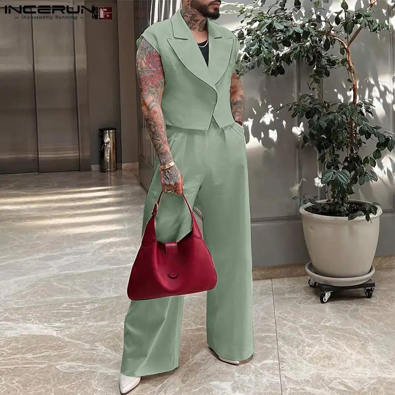 INCERUN Mens Solid Color Street Clothing Collar Sleeveless Tank Top and Straight Pants Two Piece Set 2024 Fashion Casual 240809