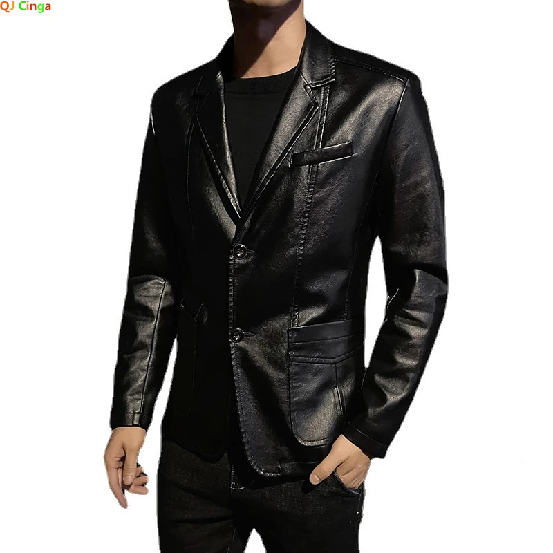 Spring Black PU Suit mens fashion ultra-thin leather jacket business casual jacket red and blue card colors240808