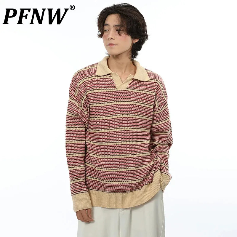 PFNW striped knitted sweater mens retro collar long sleeved sunscreen loose casual mens top 2024 autumn item 28W4074240808