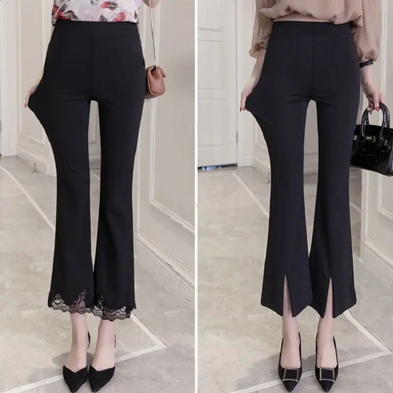 Pantalon de cloche Cropped Summer en dentelle Femme Évasée pantalon Femme Noir Elegant Fashion Flare Leggings Casual Elasticity Loose Sexy 240809