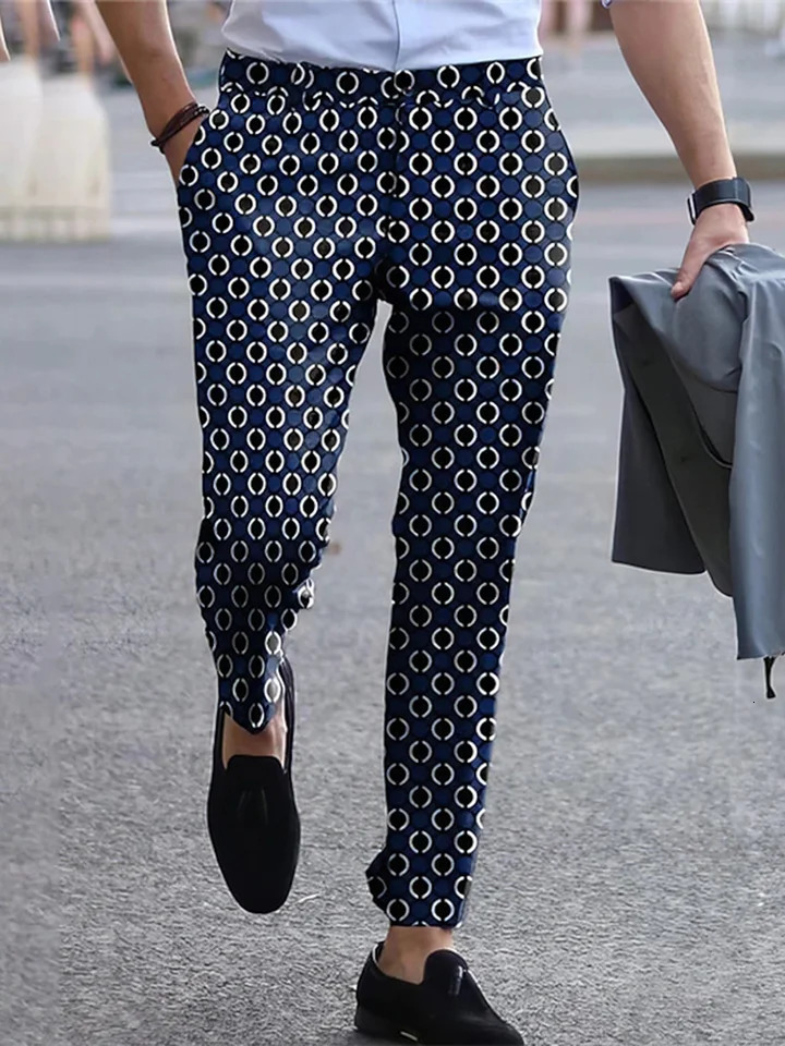 Fashionable circular printing casual street style mens business casual retro printing straight pants navy blue240808