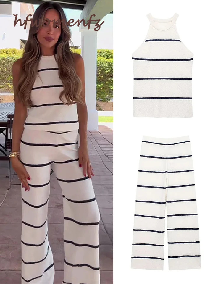 Elegant Knitted Striped Strap Top Set for Women 2piece Oneck Ultra thin Waist Pants Autumn Womens Street 240808