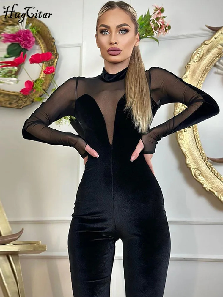 Hugcitar Velvet Long Sleeve Patchwork Mesh Zip Up See Through Sexy Bodycon Jumpsuit Winter Women Fashion Party Nightclub Romper 240809