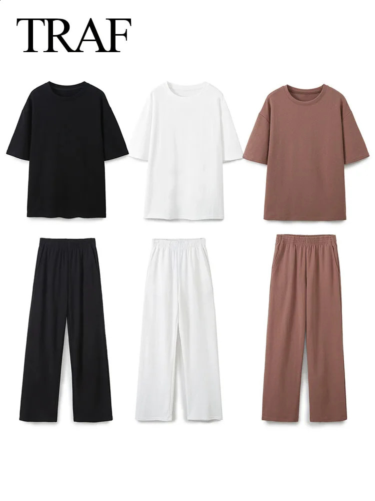 TRAF Womens Solid Basic T Shirts Loose Casual Set Fashionable Stretch High Waist Female Pants 2-piece Spring Suits 240809