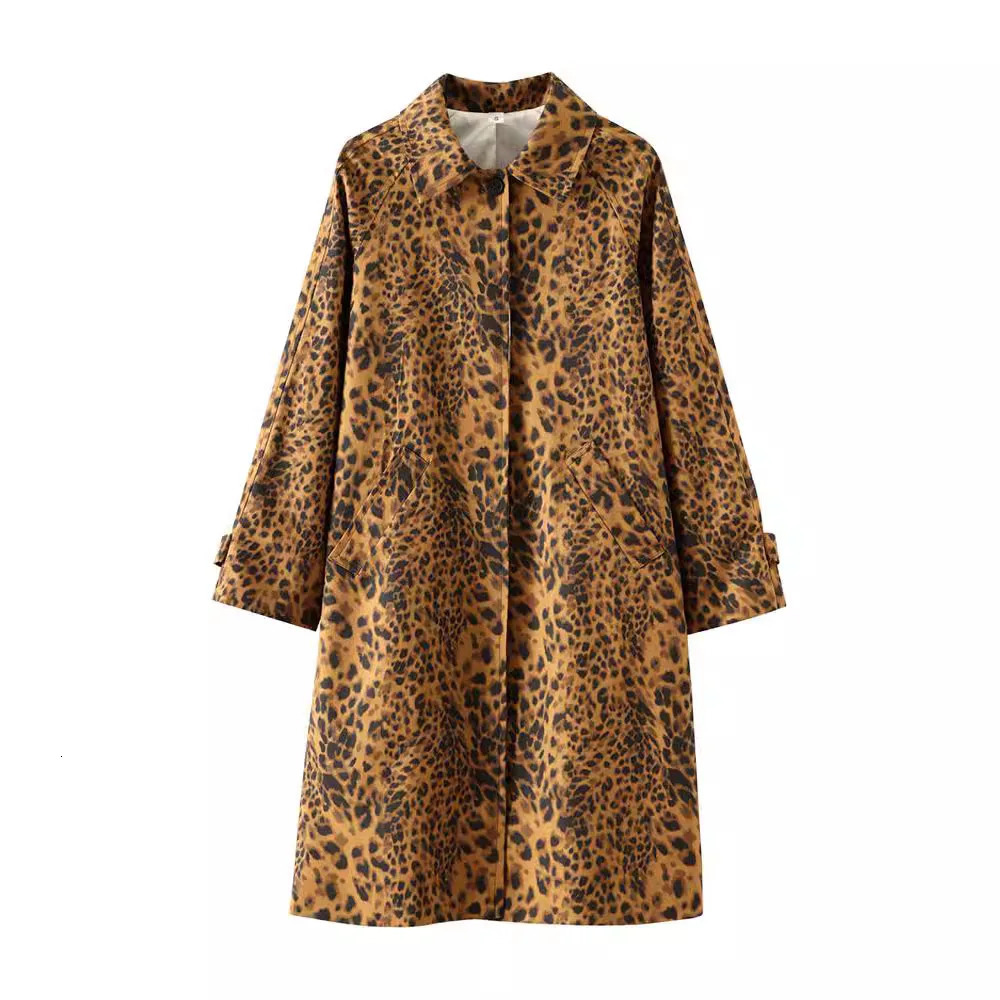 Spring Womens Fashion Leopard Print Coat Long Sleeves Hidden Buckle Lapel Overcoat Pocket Vintage Street Windbreaker 240809