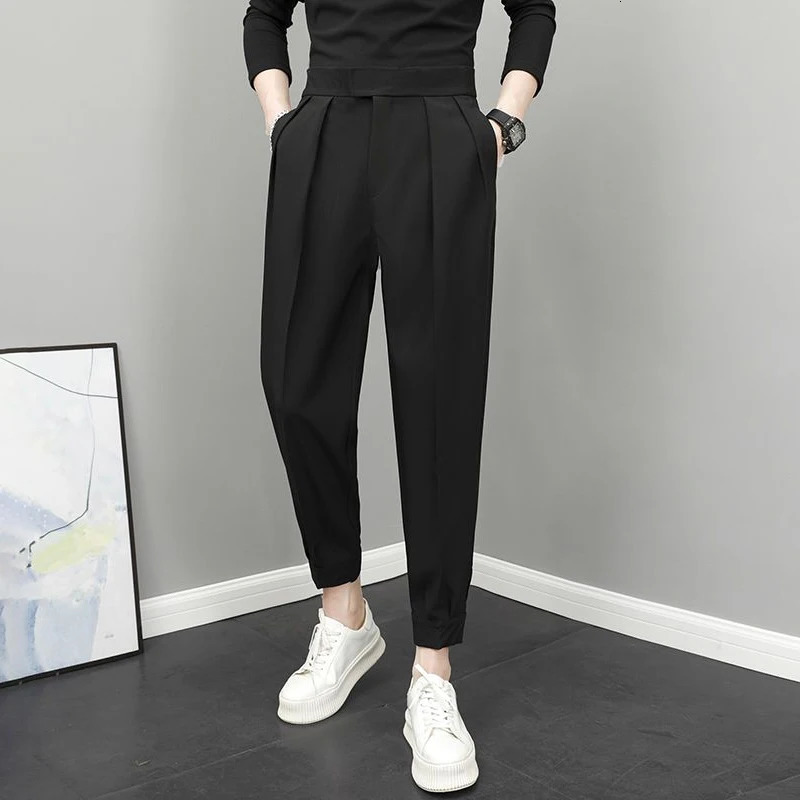 Mens clothing loose mens solid color pleats high temperature thin waist spring casual pants240808