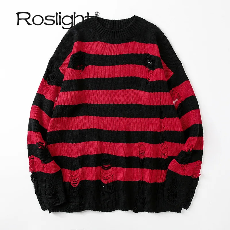 Pull rayé noir pull déchiré pour hommes pull creux trou tricoté pull punk unisexe ample surdimensionné streetwear 240808