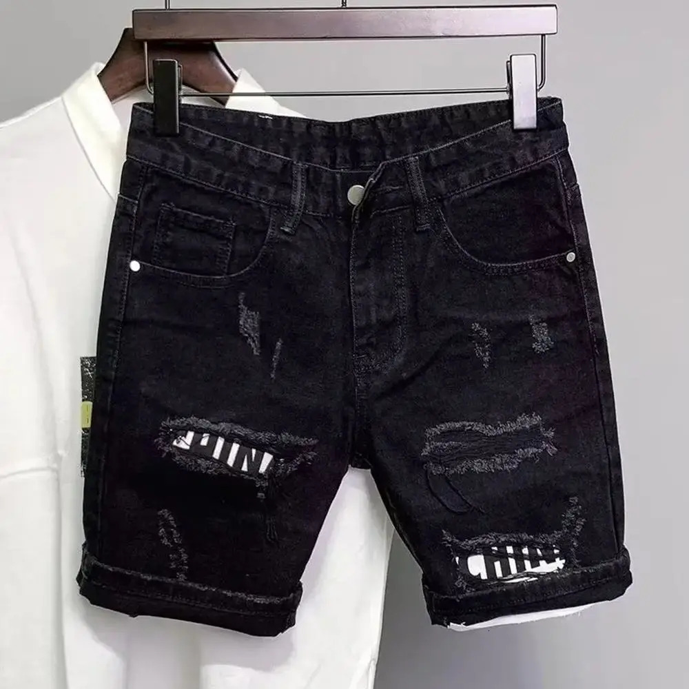 Summer Denim Shorts Black Ripped Raw Edge Streetwear Retro Shorts Straight Washed Trendy Mens Causal Versatile Denim Shorts 240809
