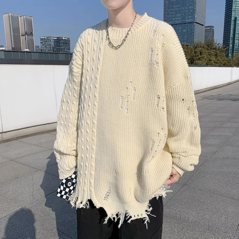 Womens Knitted Hip Hop Tear Hole Autumn Casual Long Sleeve Mens Top Cool Fashion Ultra fine Trend Solid Mens Street Clothing240808