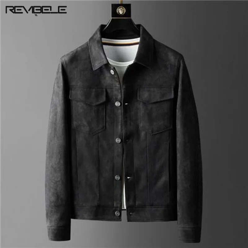 Suede Leather Mens Jacket Spring Business Casual Vintage Cargo Short Retro Slim Fit Autumn British Resistant Outwear 240821