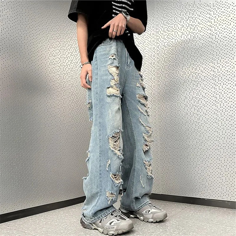 High Street Ripped Jeans Mens Clothing Solid Color Y2K Wide Leg Pants Spring Summer Button Pocket Loose Trousers A048 240809