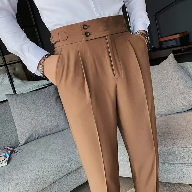 British style spring and summer solid high waisted mens pants slim fit business casual suit mens clothing Y2k240808