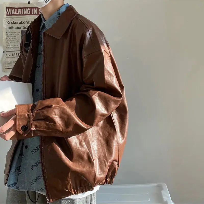Mens Brown Retro Motorcycle Jacket Autumn Korean Fashion Fried Street Loose Zipper Bomber Jacket Learher Coat240808